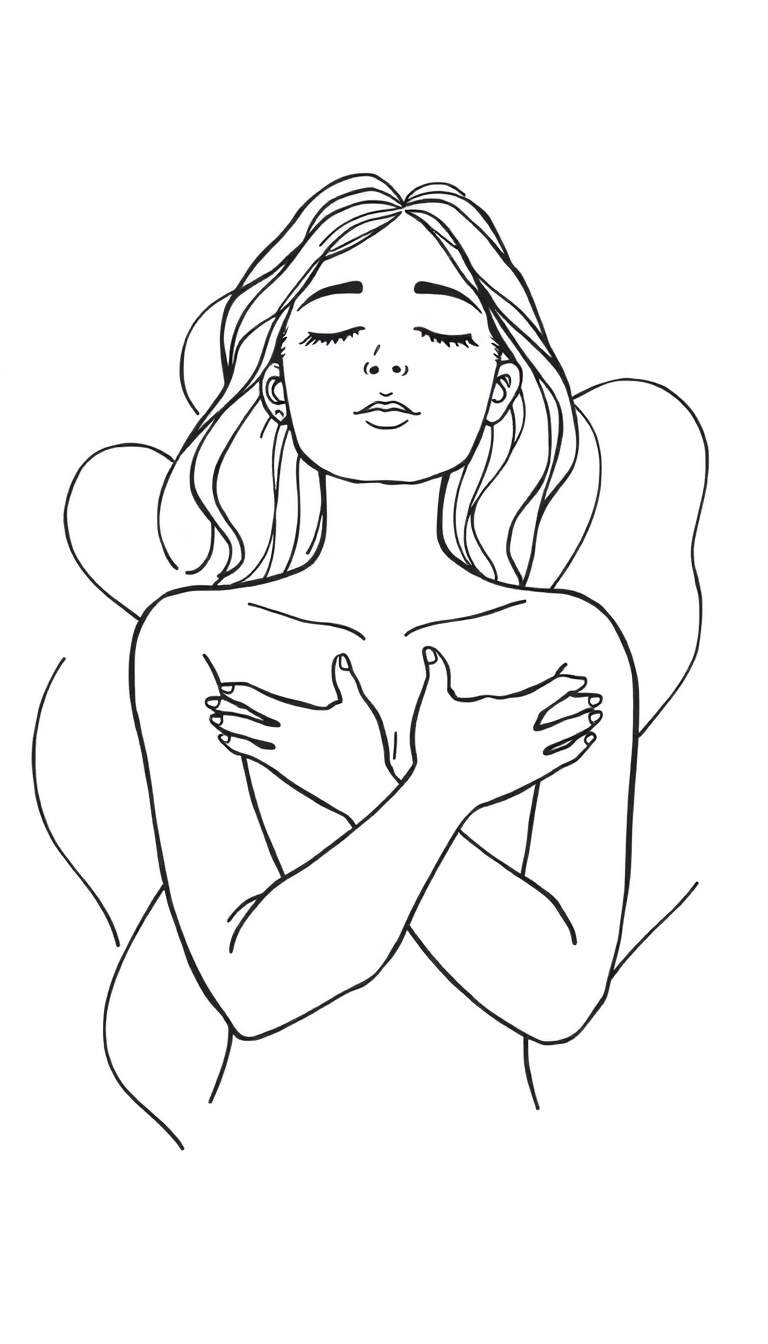 Minimalistische lijntekening van een vrouw die op haar rug ligt met haar ogen gesloten, haar lange haar valt rond haar schouders en haar armen zijn gekruist over haar borst. Om haar heen zijn zachte, golvende lijnen te zien.