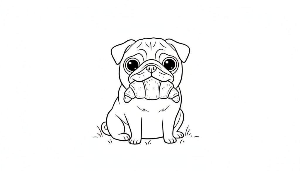 Zwart-wit tekening van een schattige mopshond met een croissant in zijn bek, zittend op gras.