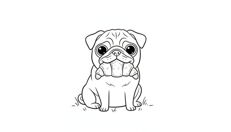 Zwart-wit tekening van een schattige mopshond met een croissant in zijn bek, zittend op gras.