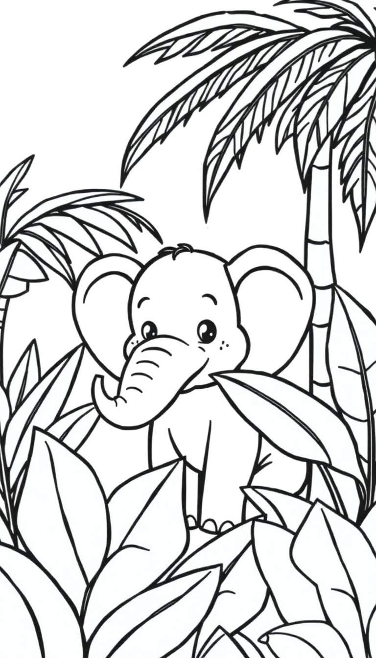 Zwart-wit tekening van een jong, schattig olifantje met grote oren en sproetjes, omringd door grote bladeren en palmbomen in een jungle.