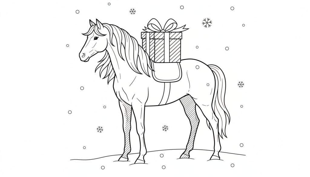 Zwart-witte lijntekening van een paard met een gestreept cadeau met strik op zijn rug, in besneeuwd landschap met sneeuwvlokken.