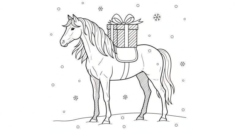Zwart-witte lijntekening van een paard met een gestreept cadeau met strik op zijn rug, in besneeuwd landschap met sneeuwvlokken.