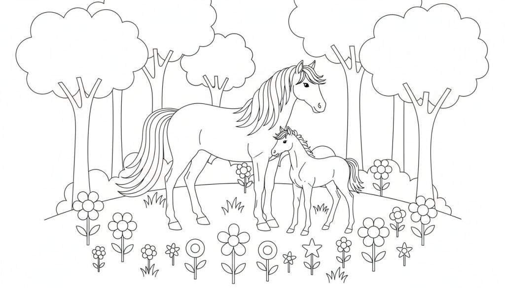 Kleurplaat van een volwassen paard en een veulen in een veld met bloemen en bomen.