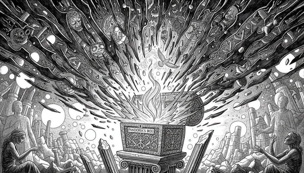 Zwart-wit illustratie van een versierde doos waaruit duistere vormen, doodshoofden en vlammen barsten. Een witte duif vliegt omhoog, gesymboliseerd door hoop. Menselijke figuren kijken toe vanaf de ruïnes.