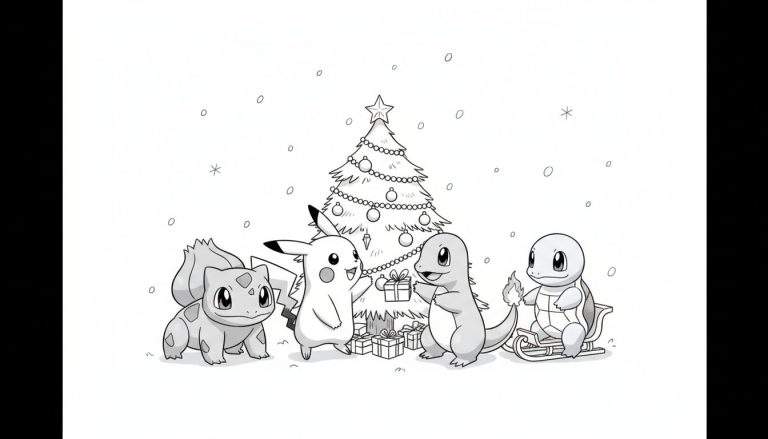 Kleurplaat van Pikachu, Bulbasaur, Charmander en Squirtle die Kerstmis vieren in de sneeuw, met een versierde kerstboom en cadeautjes.