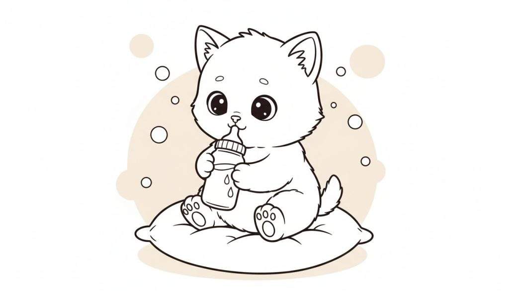 Kleurplaat van een schattig katje met grote ogen dat op een kussen zit en uit een babyflesje drinkt. De tekening is een lijnenillustratie met een lichte beige achtergrond.