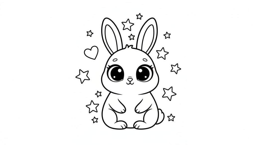 Kleurplaat van een schattig cartoon konijntje dat rechtop zit, met grote, glinsterende ogen en puntige oren. Rondom het konijntje zijn sterren van verschillende groottes en een klein hartje getekend. De achtergrond is leeg.