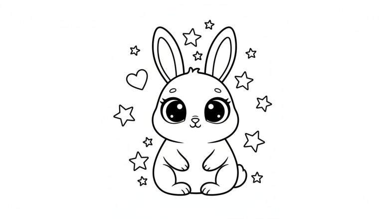 Kleurplaat van een schattig cartoon konijntje dat rechtop zit, met grote, glinsterende ogen en puntige oren. Rondom het konijntje zijn sterren van verschillende groottes en een klein hartje getekend. De achtergrond is leeg.