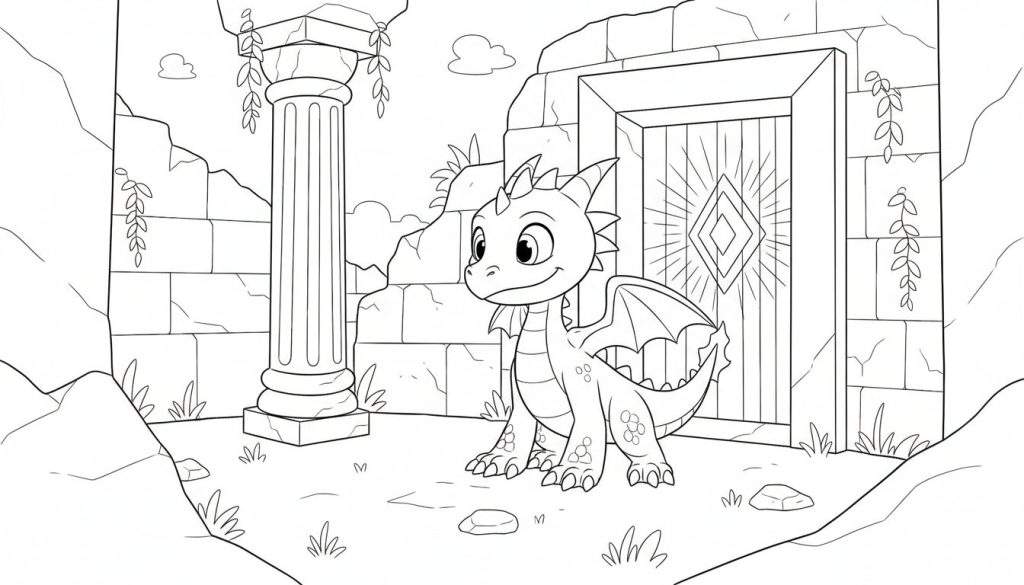 Kleurplaat van een schattig draakje dat lacht in een omgeving van oude stenen ruïnes, met een zuil, ranken en een sierlijke poort.