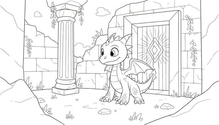 Kleurplaat van een schattig draakje dat lacht in een omgeving van oude stenen ruïnes, met een zuil, ranken en een sierlijke poort.