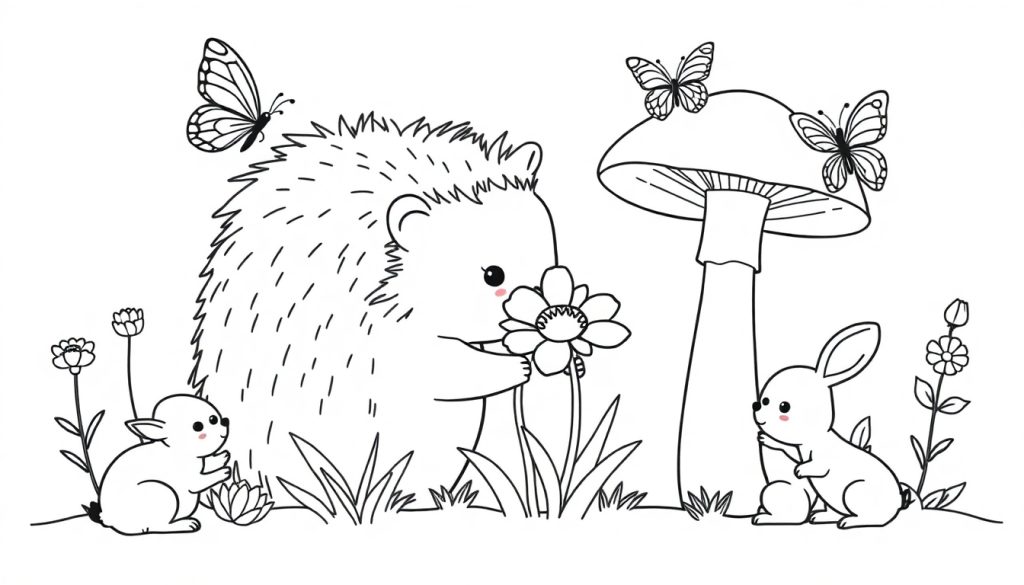 Kleurplaat van een schattige egel die aan een bloem ruikt, met vlinders op zijn rug en op een paddenstoel, en konijntjes op de voorgrond in een natuurlijke setting.