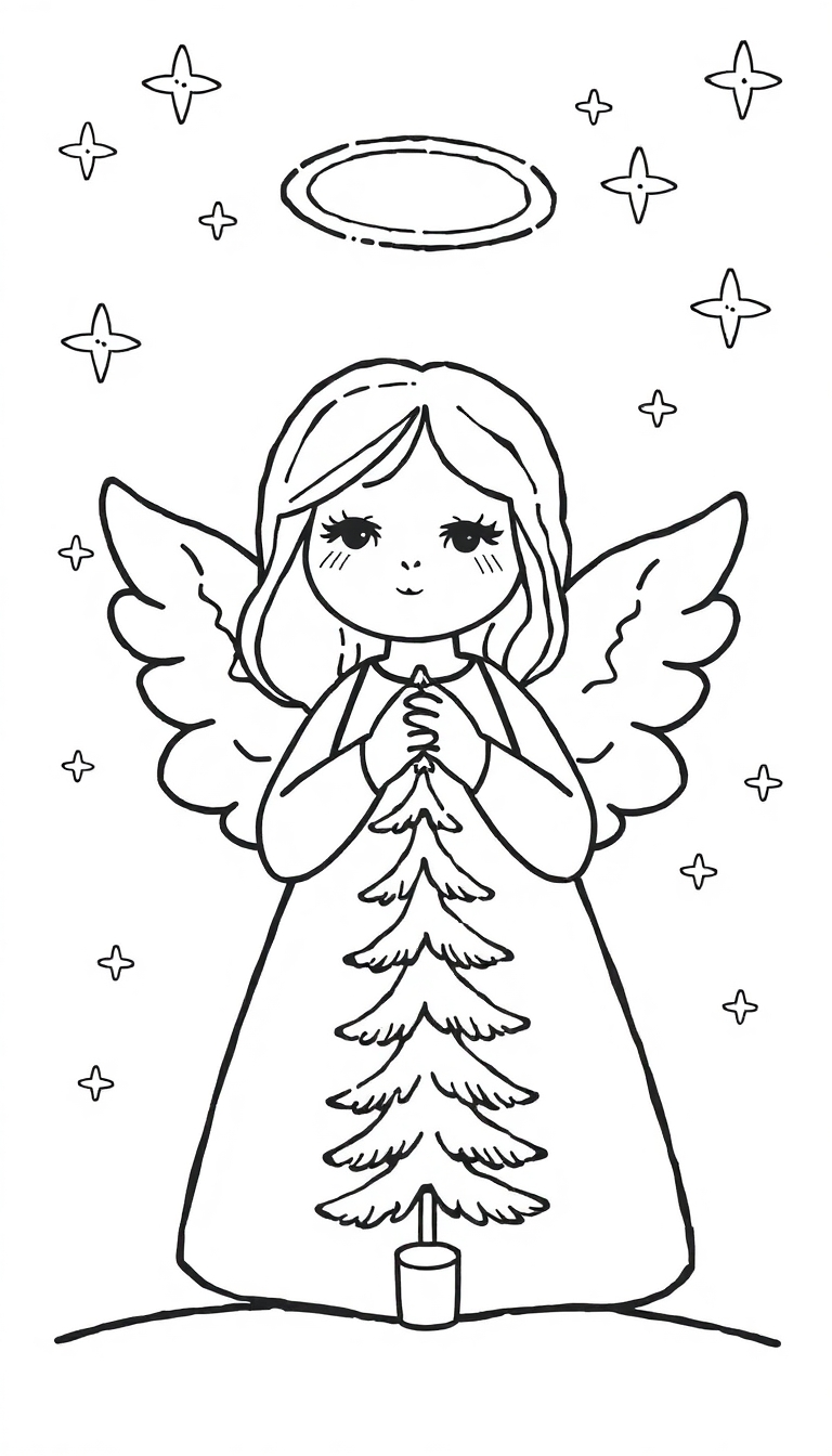 Zwart-wit kleurplaat van een schattige engel met vleugels en een halo, die een kleine kerstboom vasthoudt te midden van zwevende sterren.