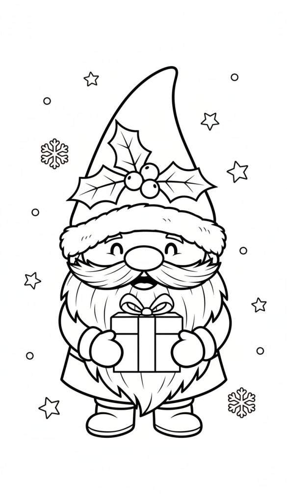 Kleurplaat van een schattige kabouter met een kerstmuts, baard, snor en een cadeau, omringd door sterren en sneeuwvlokken.