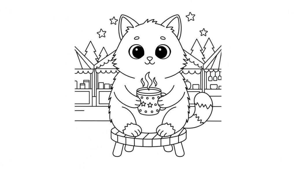 Zwart-wit lijntekening van een schattige, pluizige kat met grote ogen die op een houten krukje zit. De kat houdt een mok met stoom vast, versierd met sterren en stippen. Op de achtergrond staan marktkraampjes met golvende daken, puntige kerstachtige bomen en vijf-puntige sterren in de lucht.