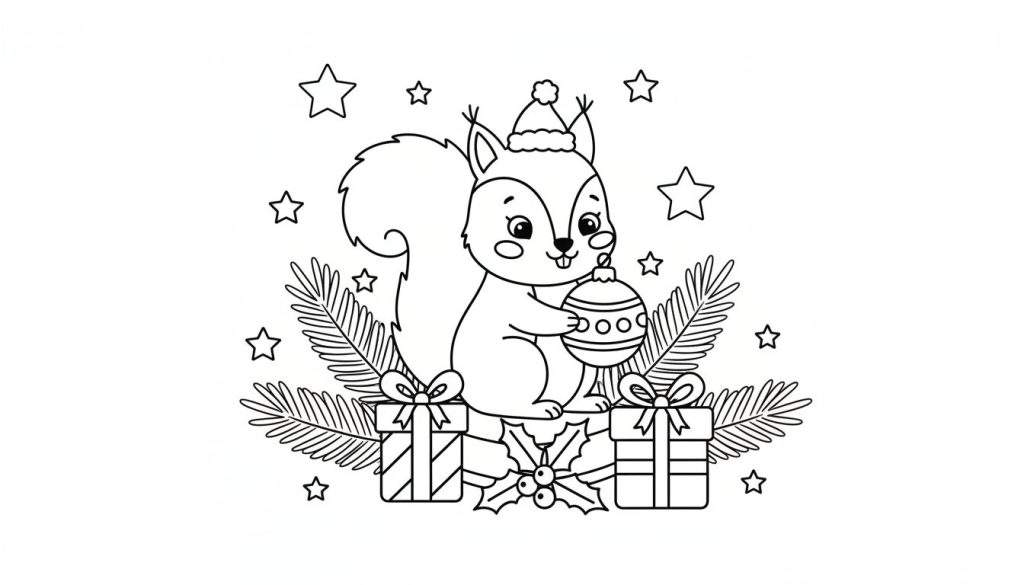 Een zwart-wit lijntekening van een schattige eekhoorn met kerstmuts, kerstbal, cadeautjes en dennentakken, klaar om ingekleurd te worden.