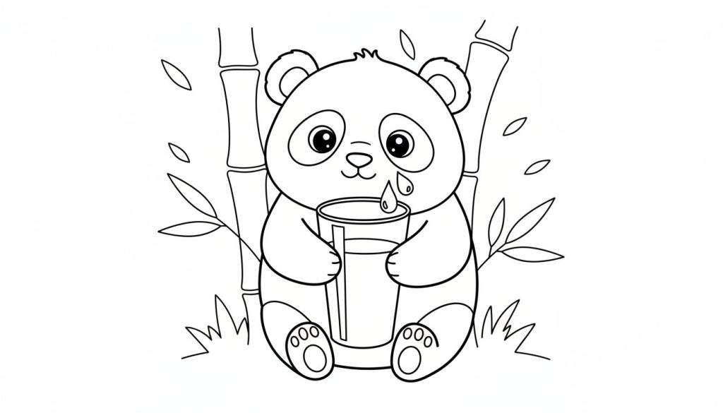 Kleurplaat van een schattige pandabeer die een glas met een rietje vasthoudt, omringd door bamboe en vallende druppels.