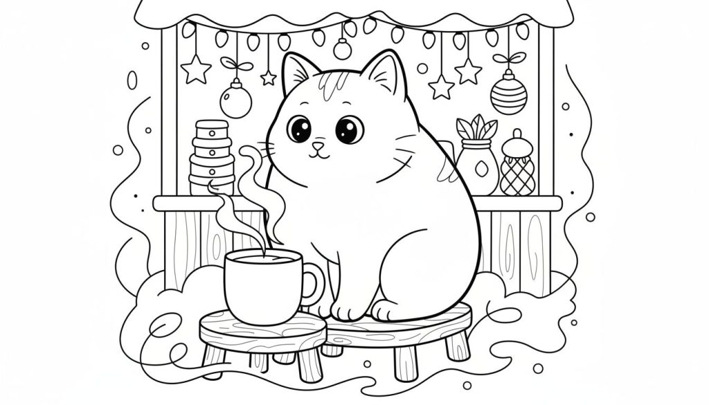 Kleurplaat van een mollige cartoonkat die op een krukje zit naast een dampende mok, met een vensterbank vol decoraties zoals potjes, een vaasje en een feestelijke slinger erboven.