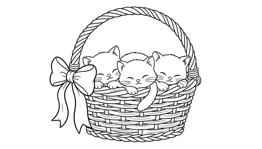 Kleurplaat van een mand met drie lachende kittens die eruit kijken.