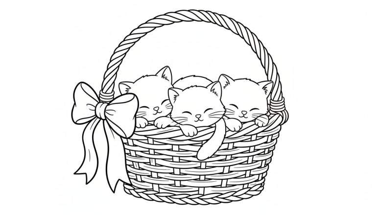 Kleurplaat van een mand met drie lachende kittens die eruit kijken.