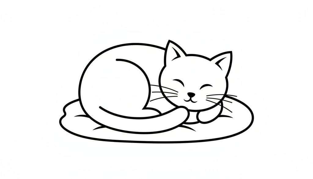 Zwart-wit lijntekening van een schattige, slapende kat opgerold op een kussen met een tevreden uitdrukking.