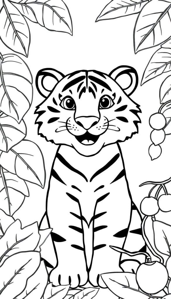 Een schattige tijger met grote ogen en een lachende mond, zittend te midden van junglebladeren met bessen.