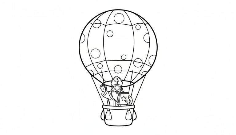 Lijntekening van Sinterklaas in een heteluchtballon, zwaaiend en met een boek.
