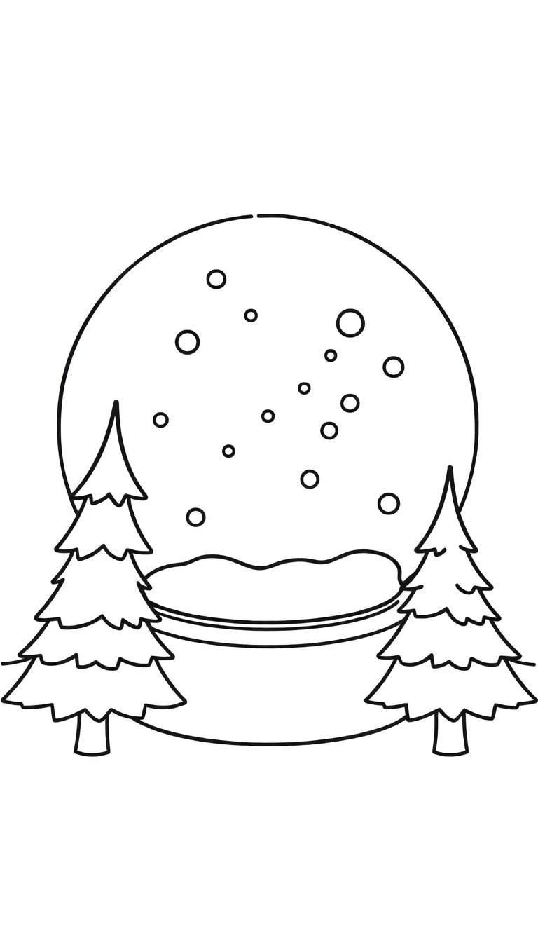 Kleurplaat van een sneeuwbol met twee kerstbomen, sneeuwlandschap en vallende sneeuwvlokken.
