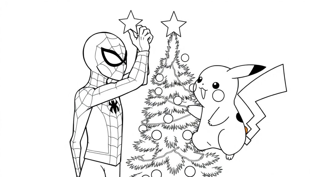 Kleurplaat van Spider-Man en Pikachu die een kerstboom versieren. Spider-Man staat links en houdt sterren vast voor de top, terwijl Pikachu rechts de kerstverlichting ophangt.