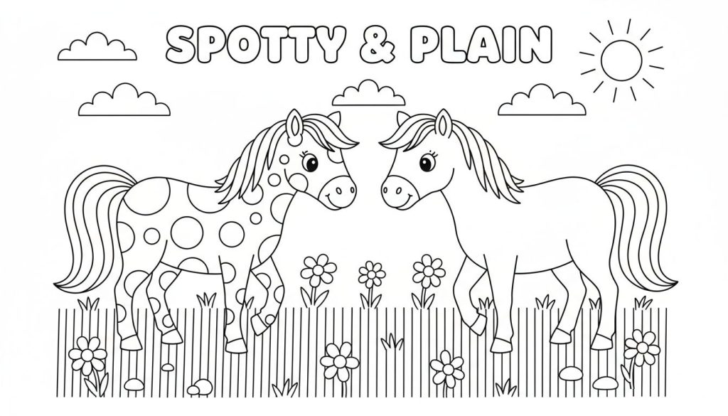 Zwart-witte lijntekening van twee paarden, een gevlekt paard genaamd Spotty en een effen paard genaamd Plain, die elkaar aankijken met een vriendelijke uitdrukking. Boven hen staat de tekst 'SPOTTY & PLAIN'. De achtergrond toont wolken, een stralende zon en onderaan een hekje met bloemen en gras.