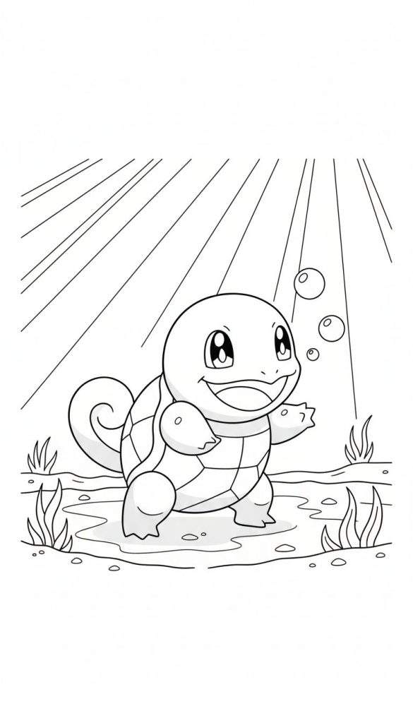 Kleurplaat van Squirtle, de water-Pokémon, die blij lachend omhoog kijkt. Er zijn grasjes en bellen rondom hem en schuine lichtstralen aan de bovenkant.
