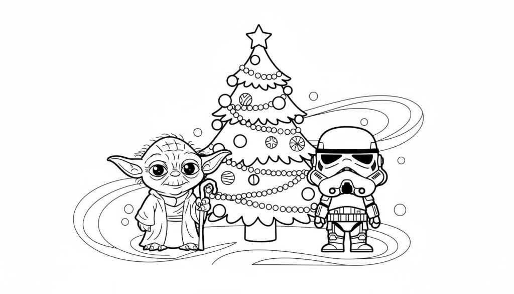 Kleurplaat met een cartoon Yoda die een kerststaf vasthoudt, een versierde kerstboom met een ster aan de top, en een cartoon Stormtrooper. De achtergrond is versierd met golvende lijnen en cirkels.