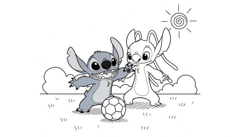 Kleurplaat van Stitch en Angel die samen voetballen met een bal, op gras, met een zon en wolken op de achtergrond. Stitch is gedeeltelijk ingekleurd.