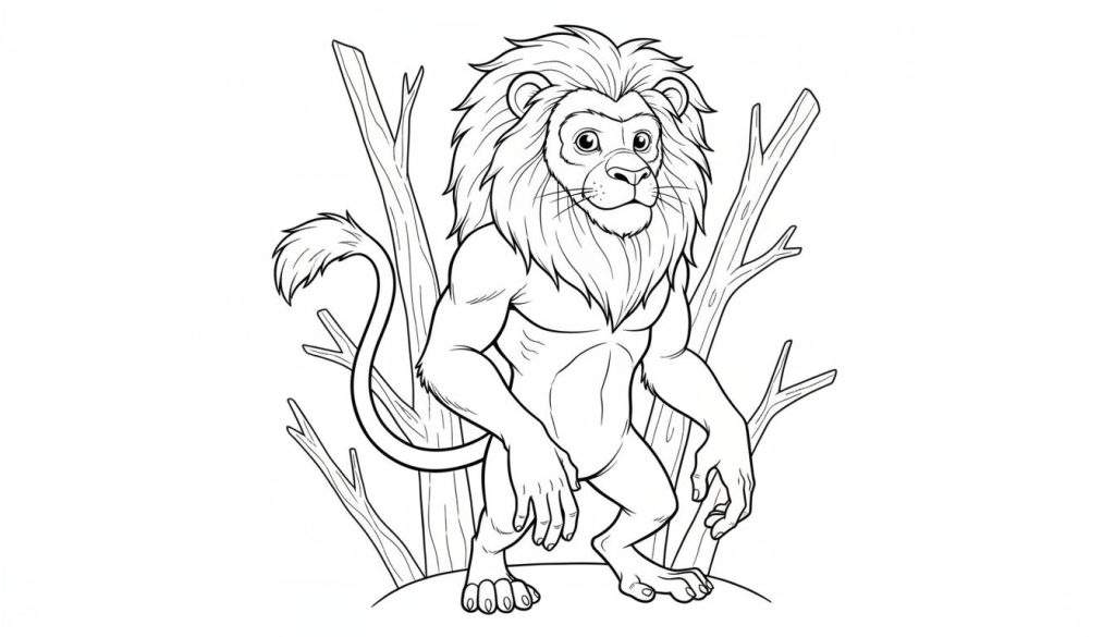 Zwart-wit lijntekening van een leeuw op achterpoten, omringd door takken.