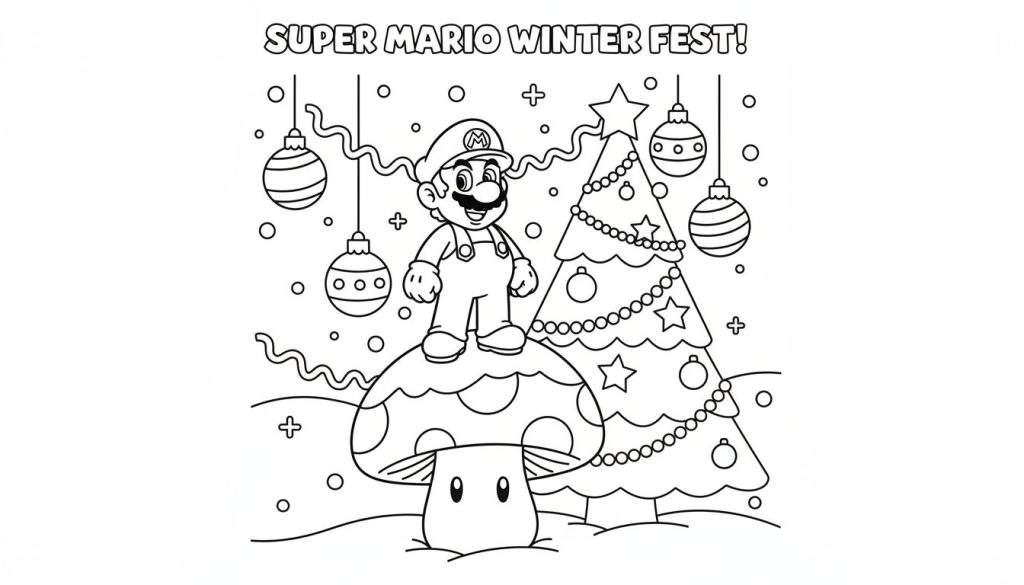 Kleurplaat met Super Mario die lachend op een paddenstoel staat voor een kerstboom, met de tekst 'SUPER MARIO WINTER FEST!' erboven en winterse decoraties.