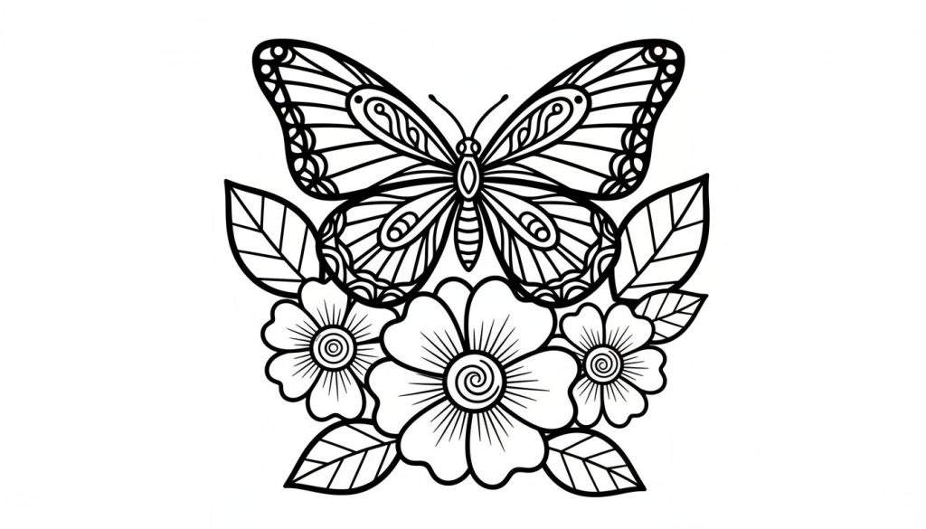 Een zwart-witte lijntekening van een gedetailleerde vlinder met wijd gespreide, mandala-achtige vleugels, bovenop een groep bloemen met spiraalvormige centra en bladeren met zichtbare nerven.