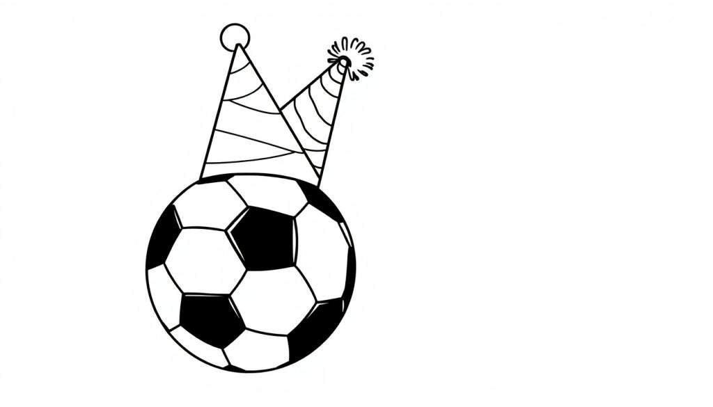 Kleurplaat van een voetbal met twee feesthoedjes, klaar om ingekleurd te worden.