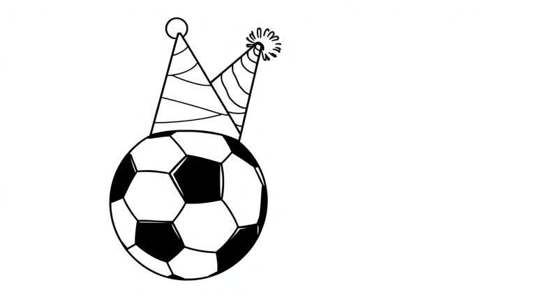 Kleurplaat van een voetbal met twee feesthoedjes, klaar om ingekleurd te worden.