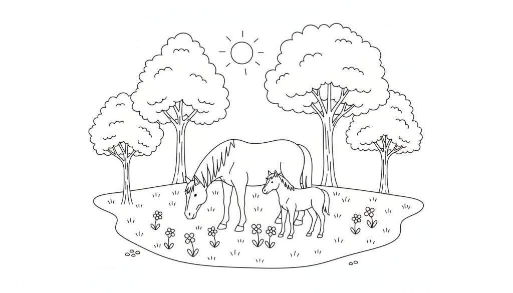 Kleurplaat van een moederpaard en haar veulen in een weiland met bomen, gras, bloemen en zon.