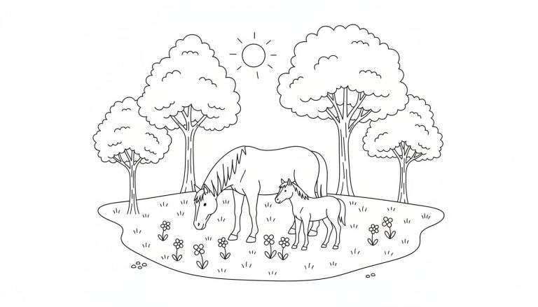 Kleurplaat van een moederpaard en haar veulen in een weiland met bomen, gras, bloemen en zon.