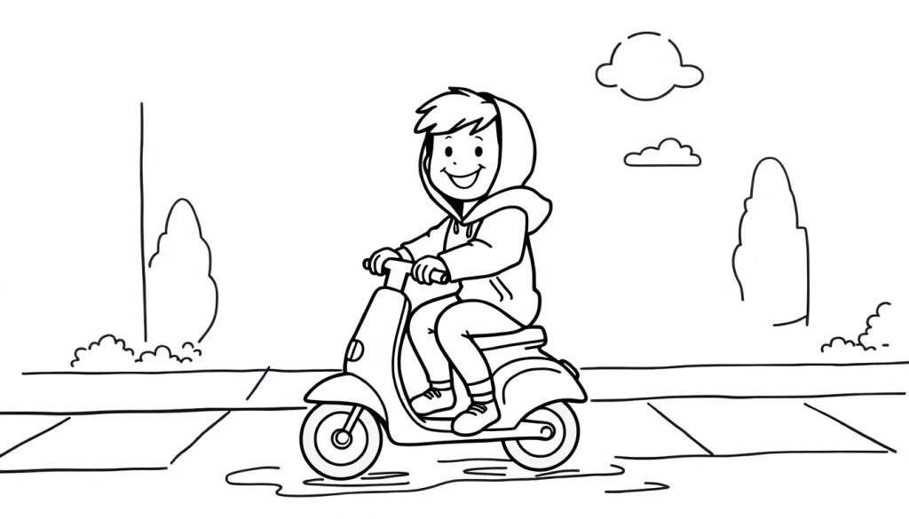 Zwart-wit lijntekening van een lachend kind op een scooter, rijdend op een verhard pad met een plas water. Op de achtergrond staan een paal, bomen, struiken en twee wolkjes.