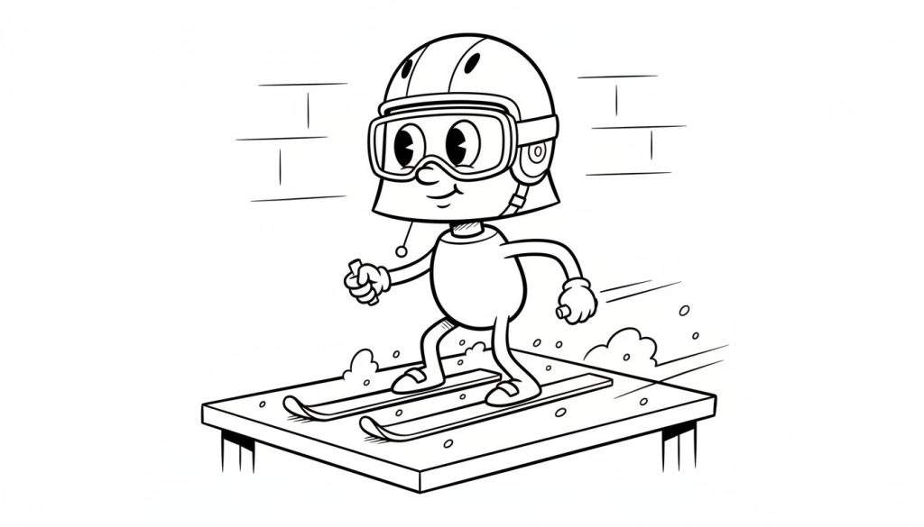 Zwart-wit cartoontekening van een gelukkig figuurtje met skihelm en skibril op ski's, met bewegingslijnen en wolkjes.