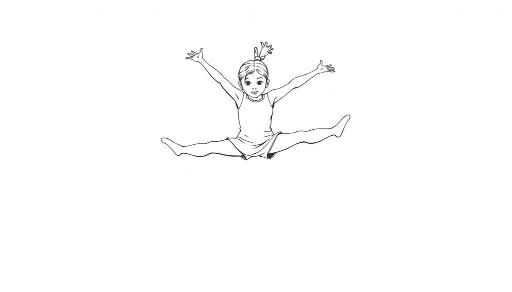 Lijntekening van een lachend jong meisje in een spreidsprong met haar armen gespreid.