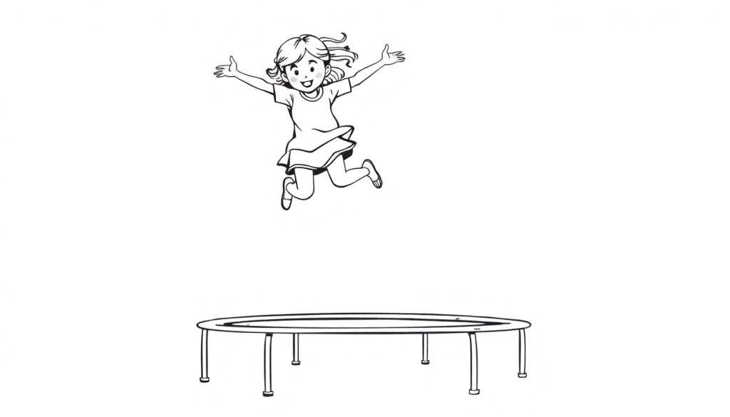 Kleurplaat van een lachend jong meisje dat vrolijk hoog in de lucht springt op een trampoline.