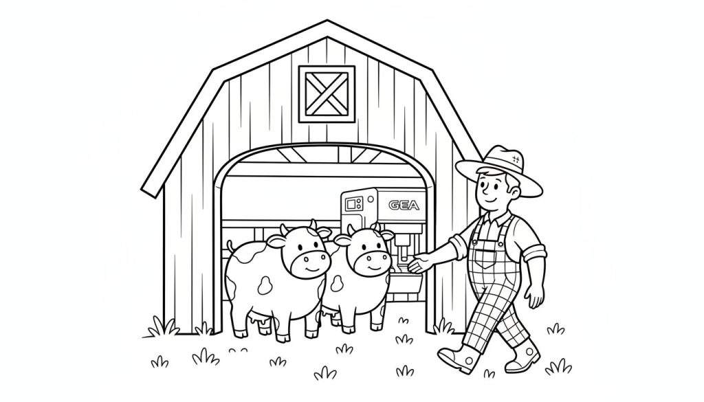 Zwart-wit kleurplaat van een boerderij met een houten schuur, een GEA melkmachine, twee vrolijke koeien en een lachende boer in tuinbroek.