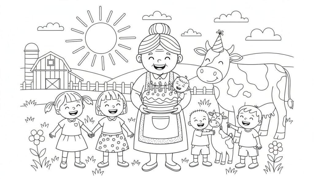 Kleurplaat van een blije oma met een verjaardagstaart met 61 kaarsen en een baby, omringd door lachende kinderen, een koe met feesthoedje en kalfjes, op een boerderij met schuur, silo, hek en zon.