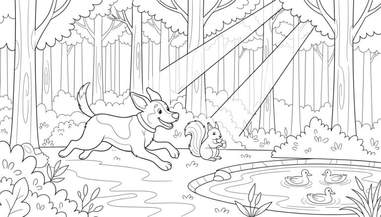 Kleurplaat van een blije hond en een eekhoorn in een zonnig bos met een vijver en eenden.