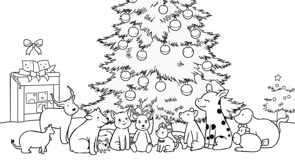 Zwart-wit lijntekening van een kersttafereel met dieren, twee kerstbomen, cadeaus en decoraties.