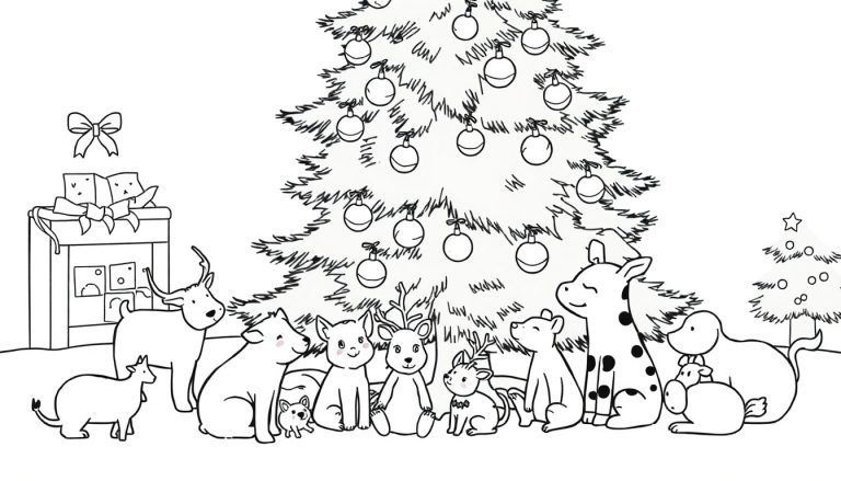 Zwart-wit lijntekening van een kersttafereel met dieren, twee kerstbomen, cadeaus en decoraties.