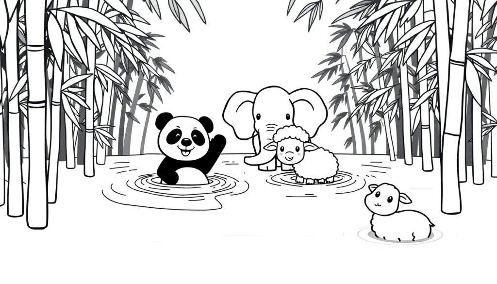 Kleurplaat van een panda, olifant en twee schaapjes in een bamboebos met water.