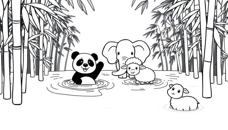 Kleurplaat van een panda, olifant en twee schaapjes in een bamboebos met water.